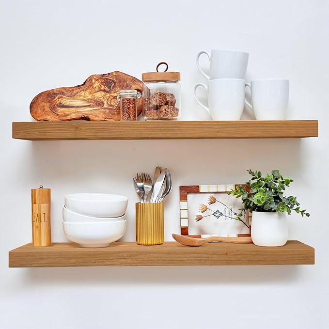 Homeforia 30 inch Golden Oak Floating Shelf, High End Solid Real Wood 30inch Small Floating Shelves for Wall Mounted, Oak Wooden 30in Floating Shelves, Heavy Duty Bracket, 30 X 6.5 X 1.75 in, Set of 4