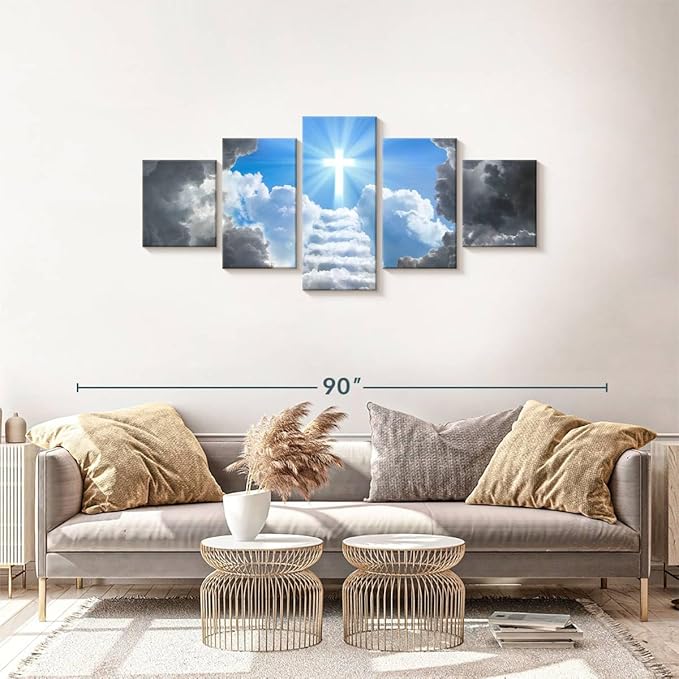 Elephant Stock Stairway To Jesus Christ Wall Art Multi Piece Canvas - 5 Panel Christian Pictures Decor - Digital Design Canvas Print - Christian Wall Decor - 68" X 30"
