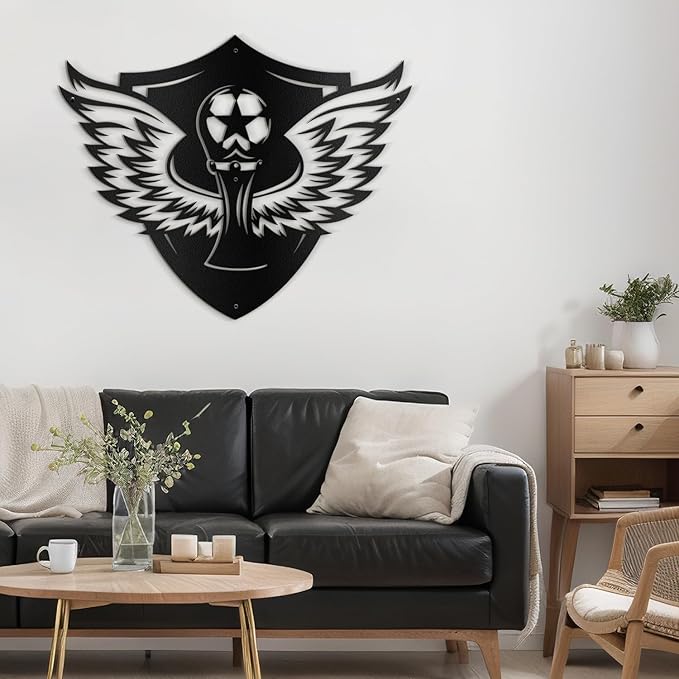 SIGNLEADER Metal Wall Art Decor - Soccer Trophy with Wings Minimalist Modern Abstract Wall Sculpture Hanging Home Decoration for Living Room, Bedroom, Bathroom, Kitchen, Studio, Outdoor - 36" Black