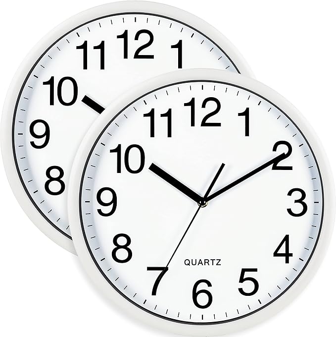 Bernhard Products White Wall Clocks Large 13 Inch, Silent Non Ticking 2 Pack, Quality Quartz Battery Operated Round Easy to Read Home/Office/Business/Classroom/School Clock, Black