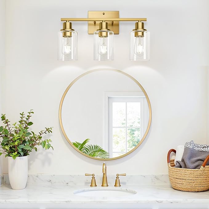 3-Light Bathroom Light Fixtures, Vanity Light with Clear Glass Shades, Brushed Gold Bathroom Light Fixtures Over Mirror, Modern Bathroom Wall Lamp for Mirror Living Room Cabinet Bedroom