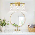 3-Light Bathroom Light Fixtures, Vanity Light with Clear Glass Shades, Brushed Gold Bathroom Light Fixtures Over Mirror, Modern Bathroom Wall Lamp for Mirror Living Room Cabinet Bedroom