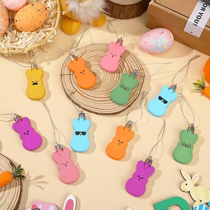JULMELON 24 Pcs Easter Bunny Hanging Ornaments, Spring Rabbit Decor for Festive Tree Indoor Outdoor Easter Decor