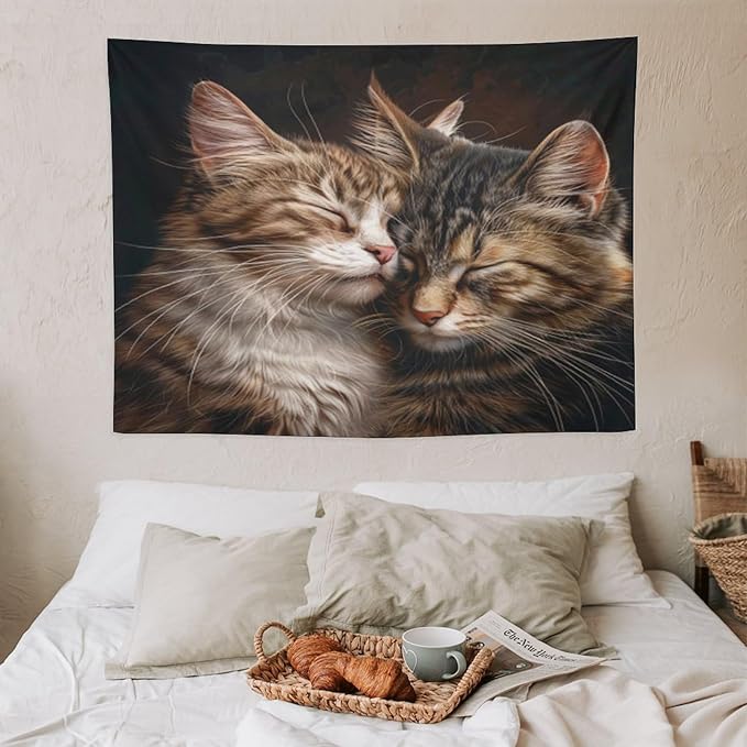 VUMIVI Cat Tapestry Adorable Animals Two Kittens Snuggling Together Vintage Print Realistic Design Tapestry Wall Hanging for Living Room Bedroom Dorm Classroom Aesthetic Decor W40xL30in