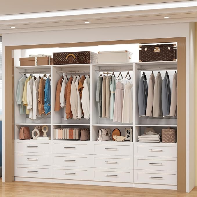 Dilando Closet System with Drawers, 8FT Wood Closet Organizer System Walk-in Closet Standalone Corner Closets Storage with Hanging Rods, White (8FT)