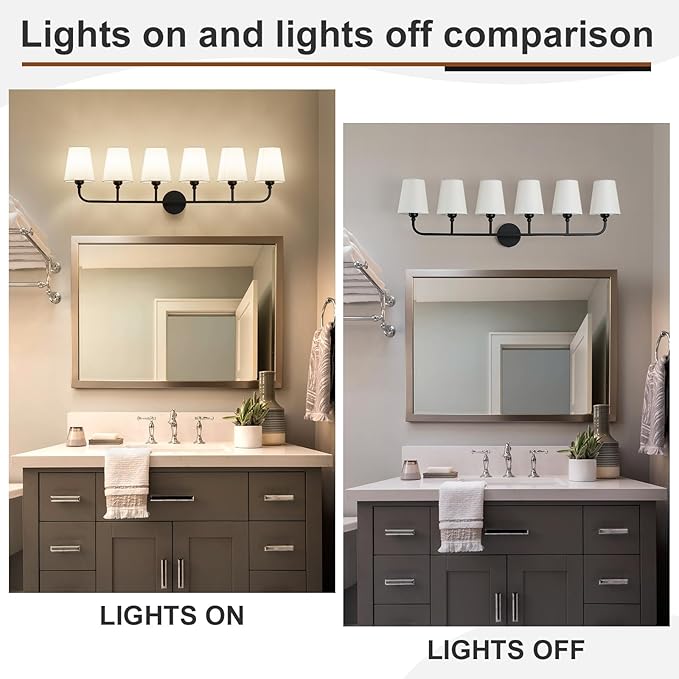 Kvhilw Bathroom Vanity Light, Matte Black Bathroom Light Fixtures, 6-Light Lighting Fixtures Over Miror, Modern Wall Sconce with Flared White Fabric Shade, E26 Socket(ETL Listed)