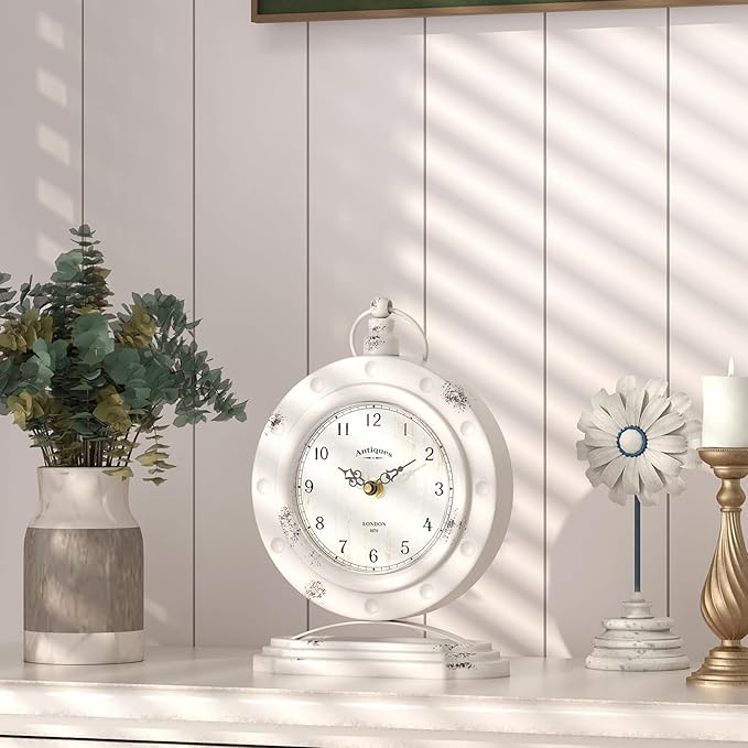 Vintage Table Clock, Desk and Shelf Mantel Clock, Antiques London Style White Decor Clocks, for Farmhouse, Living Room, Bedroom, Bedside, Gift (8.8" H x 6.3" W)