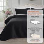 KASENTEX Oversized Queen Quilt Set 102"x106" – Soft Washed 3-Layer Lightweight Bedspread, Minimalist Nordic Design, All-Season Spring & Summer Quilt Set (1 Quilt + 2 Pillow Shams), Jet Black