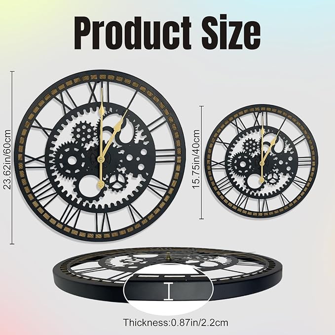 24 Inch Wall Clock, Gear Clock, Silent Non Ticking, Battery Operated Large Wall Clocks for Living Room Decor, Kitchen, Office (Vintage Industrial Steampunk)