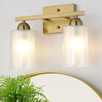 Stainless Steel Bathroom Vanity Light Over Mirror, 2 Light Brushed Gold Bathroom Light Fixtures with Milk Glass and Clear Glass Shades, Modern Vanity Lighting Wall Mount