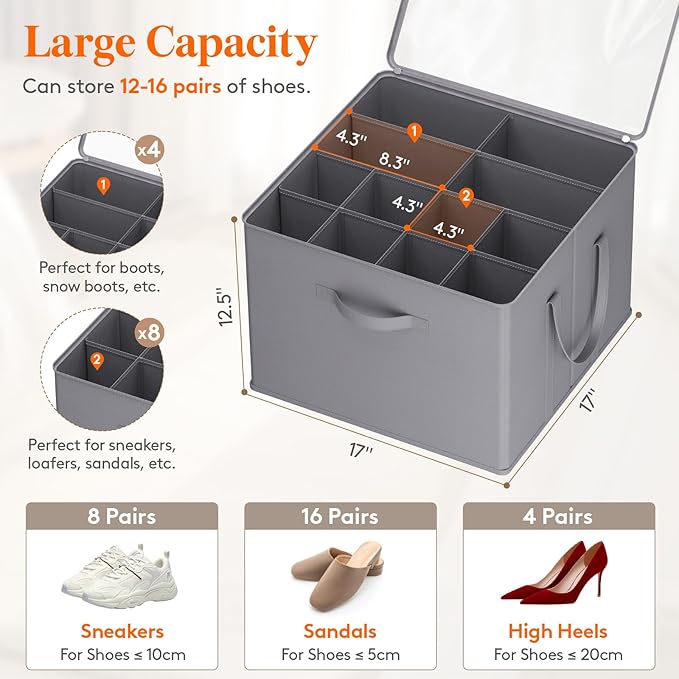 Lifewit Shoe Storage Organizer for Closet, Fabric Large Shoe Box Storage Containers with Clear Cover, Foldable Bins for Boots Heels Sneakers Fits 48-64 Pairs (Each 12-16 Pairs) 4 Pack Gray