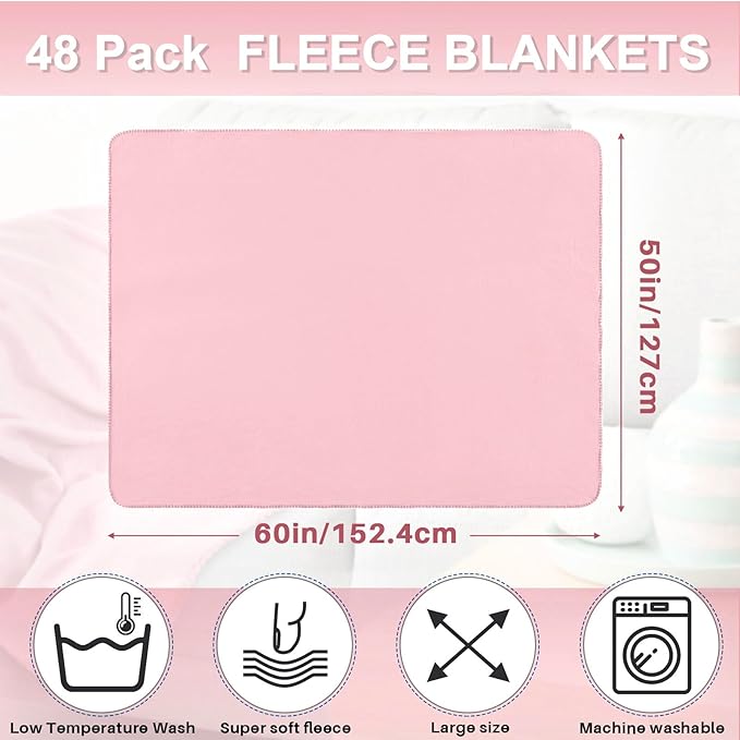 Newwiee 48 Pcs Fleece Throw Blankets Bulk 50'' x 60'' Oeko-tex Standard 100 Certified Spring Outdoor Wedding Guest Blankets Lightweight for Sleepover Donation Lap Pet Sofa Home (Rose Pink)