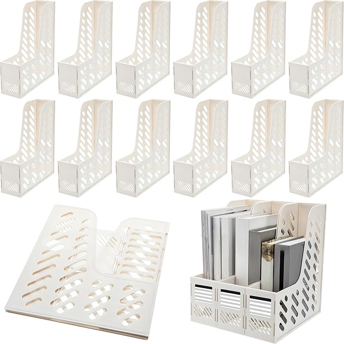 Glenmal 12 Pack Magazine Organizers Binder Organizer for Desk Plastic Vertical File Holder Magazine Racks Desk Accessories for Office, Home, or School (White)