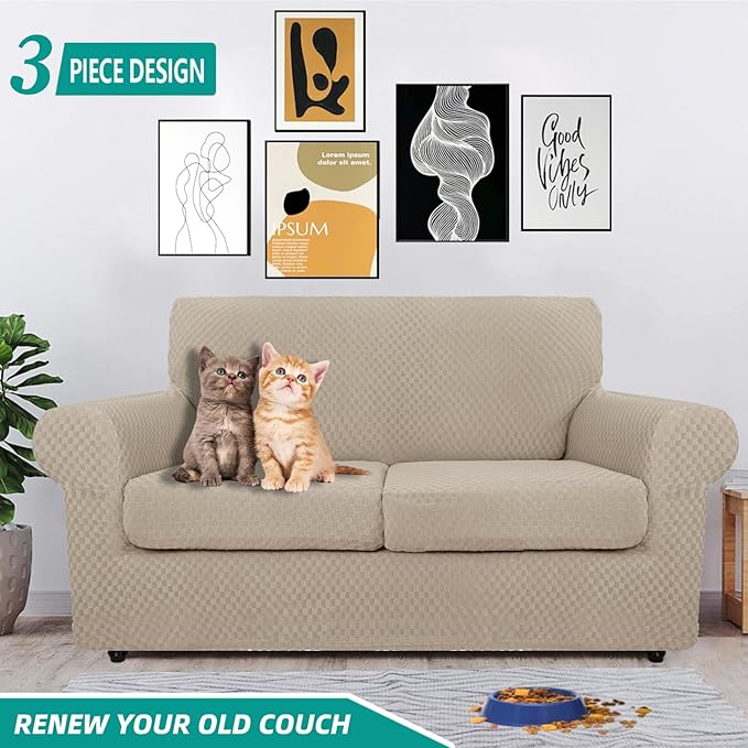 YEMYHOM Latest Checkered 3 Pieces Couch Covers for 2 Cushion Couch High Stretch Thickened Love Seat Sofa Cover for Dogs Pets Anti Slip Elastic Loveseat Slipcover Protector (Khaki), 55"-69"(2 CUSHIONS)