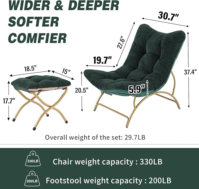 Welnow Modern Accent Chair with Ottoman, Upholstered Comfy Lounge Recliner Sofa, Thick Cushion Oversized Lazy Reading Chair with Footrest for Living Room, Bedroom, Apartment, Office, Dorm, Dark Green