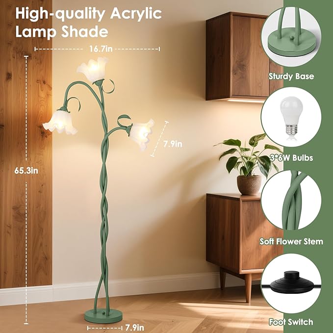 Floor Lamp for Living Room, 3 Lights Green Flower Lamp, Modern Tall Standing Lamp with 3 Color Temperatures Flexible Gooseneck, Mid Century Vintage Tree Floor Lamp for Bedroom Office