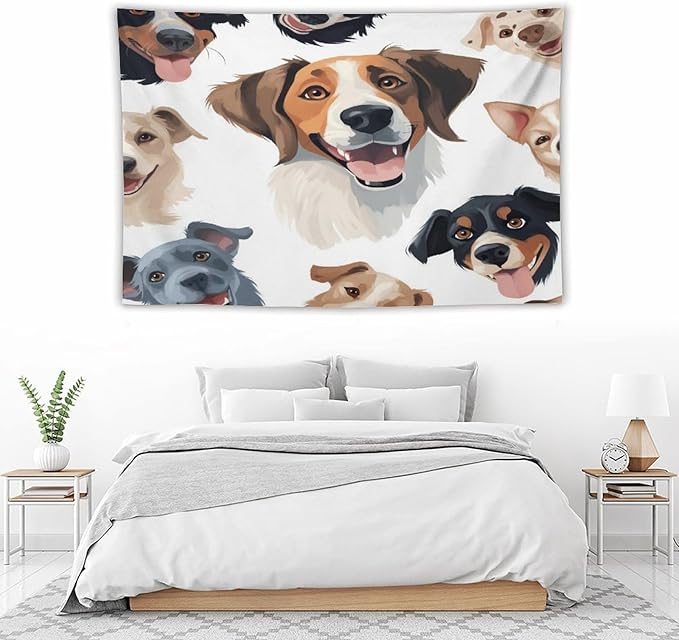VUMIVI Cartoon Dog Tapestry Black & White Pet Dog Heads Cute Illustration Modern Creative Design Tapestry Wall Hanging for Living Room Bedroom Dorm Classroom Aesthetic Decor W60xL40in
