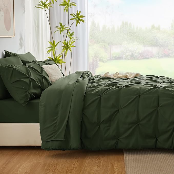 CozyLux King Size Comforter Set Olive Green, 7 Pieces Pintuck Bed in A Bag Green Comforter King Size, Pinch Pleat Bedding Set with All Season Comforter, Sheets, Pillowcases & Shams