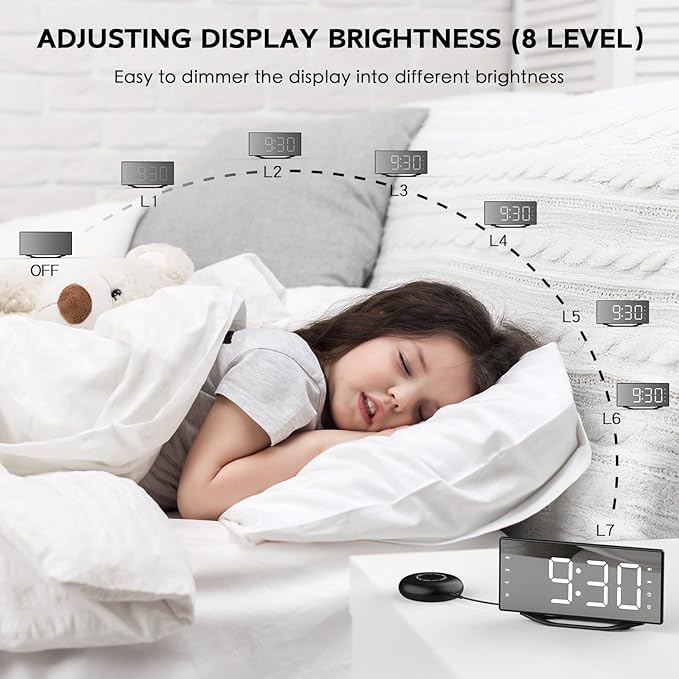 OnLyee Vibrating Alarm Clock with 8.7” LED Mirror for Heavy Sleepers & Hearing Impaired, Bed Shaker & 3 Wake-Up Modes, Dual Alarms, USB Charging, Adjustable Brightness, Snooze Function
