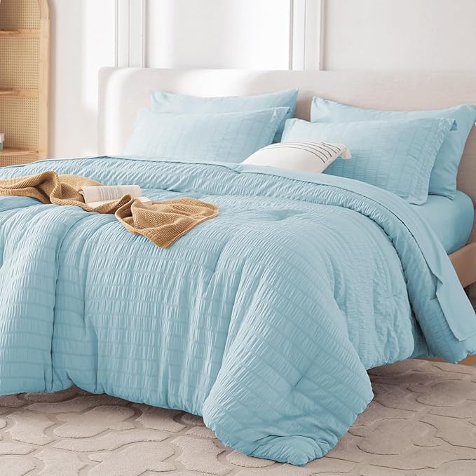 MUXHOMO 7 Pieces Queen Comforter Set, Seersucker Bed in a Bag Queen Size, All Season Luxury Bedding Set with Comforter, Flat Sheet, Fitted Sheet, Pillowcases & Shams, Lake Blue