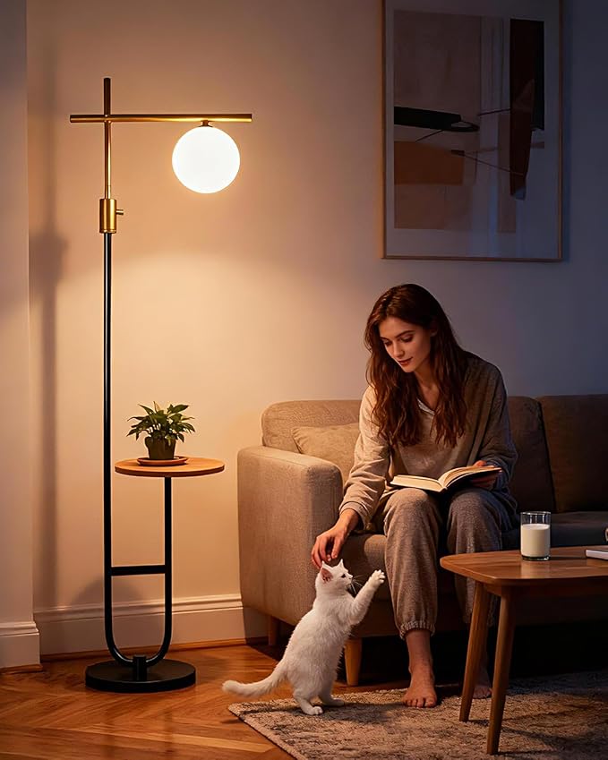 Lightdot 66IN Gold&Black Dimmable Floor Lamps with Table, Modern Standing Tall Lamp with Globe Shade, Cross-Shaped Head and U-Pole Base for Living Room/Bedroom/Sofa Beside/Corner Decor(Bulb Included)