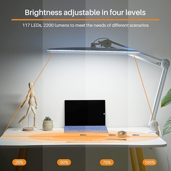 Task Lamp with Clamp, Bright 117PCS LEDs, Metal Swing Arm 24W 2200 Lumen Dimmable Led Desk Lamp for Architect Home Office Study Reading Dorm Workbench Craft, 23 Inch Working Lamp(White)