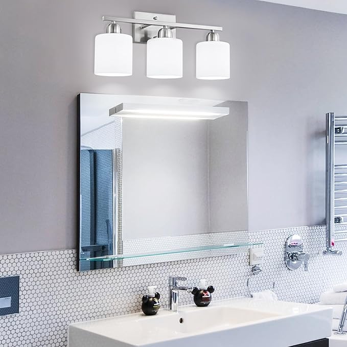 4 Light Bathroom Light Fixtures, Brushed Nickel Vanity Lights for Bathroom with Milky White Frosted Glass Shade, Wall Lights for Mirror Bedroom Living Room E26 Base