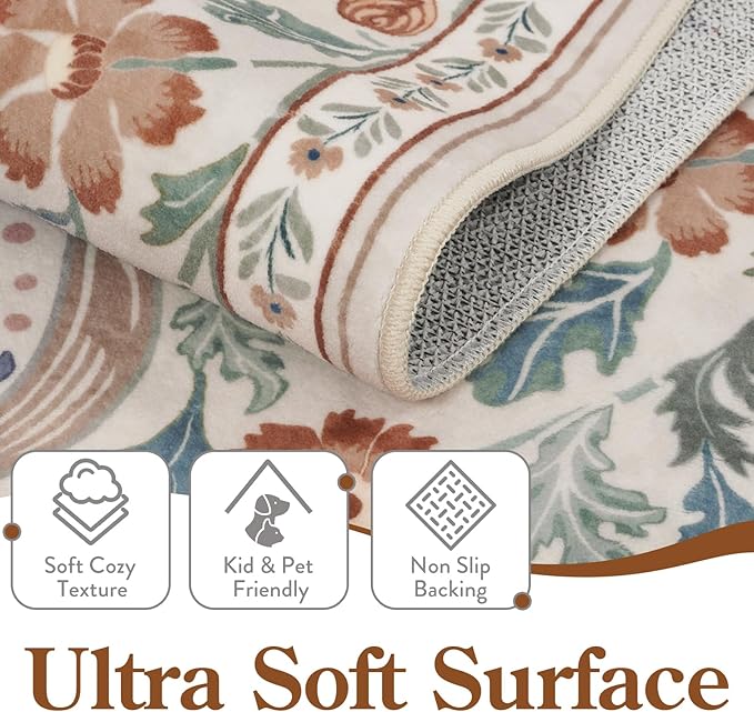 Moynesa Floral 5x7 Area Rugs, Machine Washable Rugs for Bedroom, Non Slip Boho Rugs for Living Room, Large Flower Stain Resistant Floor Carpet for Dining Room Home Office, Beige