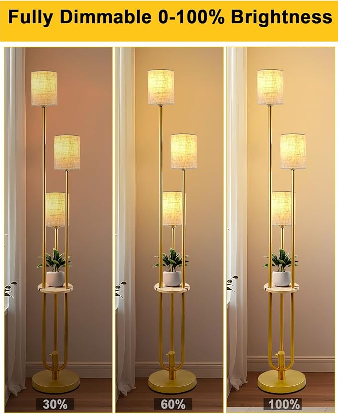 Lightdot Floor Lamp with Table for Living Room Bedroom Dimmable Floor Lamps with Linen Shade Vintage Gold Standing Tall Lamp Candle Holder Style for Bedroom/Sofa Beside/Corner Decor(Bulbs Included