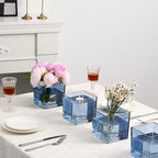 Square Blue Glass Vases Set of 2, 6" x 6" x 6" Square Vase for Centerpieces, Flower Vases for Centerpieces, Small Vase for Wedding, Party, Home Office Decoration