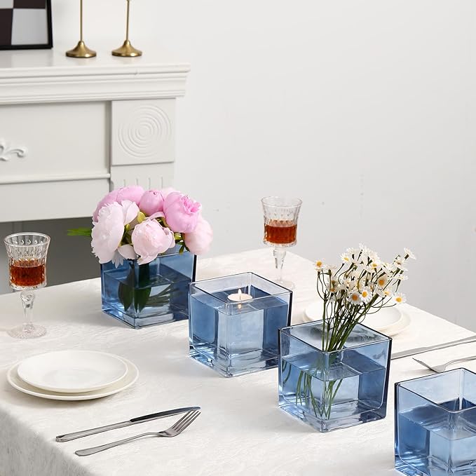 Square Glass Vases Set of 4, 5" x 5" x 5" Blue Flower Vases for Centerpieces, Square Vase for Flowers, Small Vase for Wedding, Party, Home Office Decoration