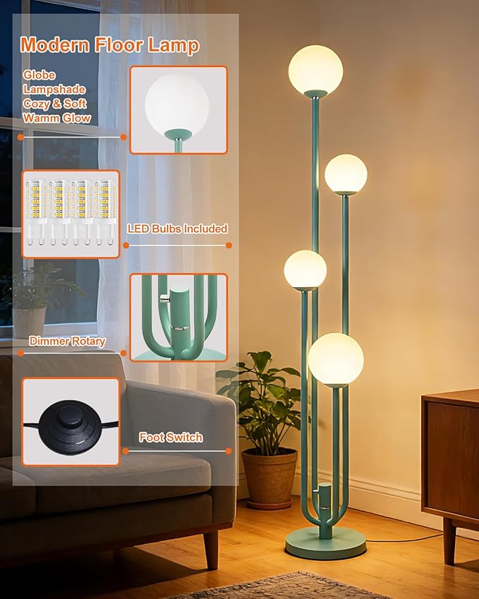 Lightdot Green Globe Floor Lamp 4-Lights Dimmable Floor Lamps 3000K Bulbs Included Unique Modern Standing Tall Lamp for Living Room/Bedroom