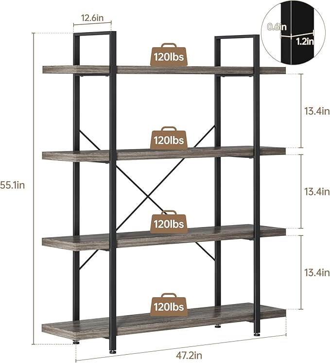 Bookshelf Set of 2, Heavy Duty 4-Tier Industrial Bookcase, 47" Wide Wood Bookshelf for Home Office, 120lbs Shelf Capacity, Rustic Display with Horizontal Shelf for Living Room Bedroom,Grey