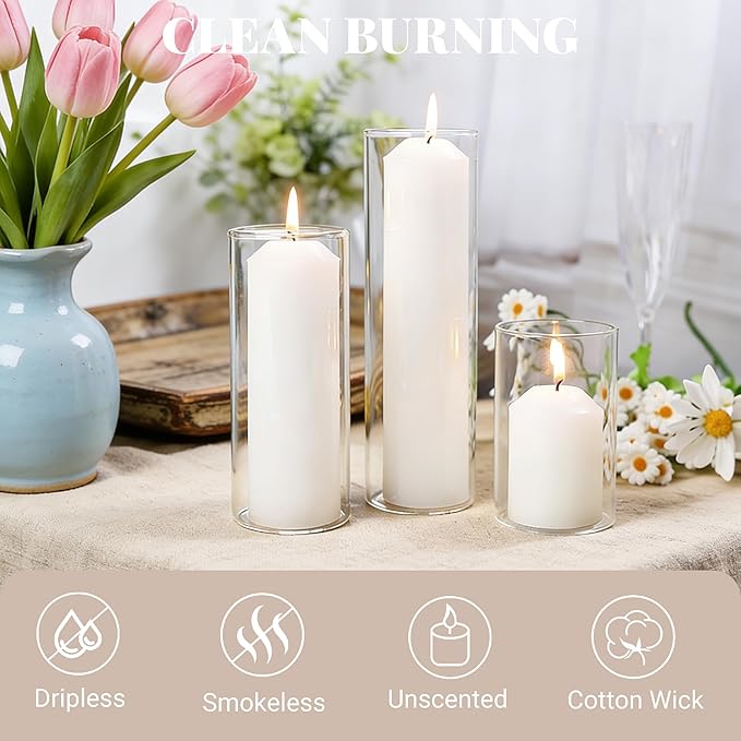 Pillar Candles Bulk Set - Unscented, Smokeless, Dripless | 3 Sizes: 2x3, 2x6, 2x8 Inches | Ideal for Weddings, Christmas & Home Decor (72, White)
