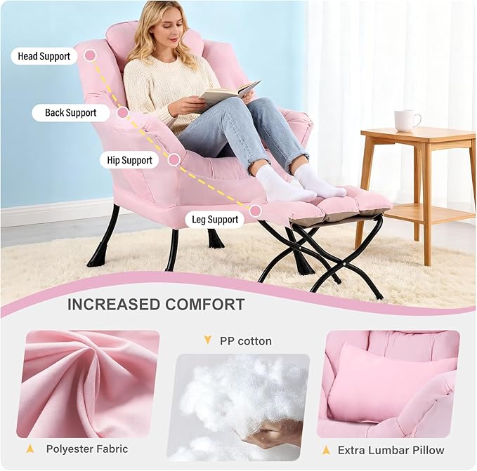 Lazy Chair with Ottoman, Modern Accent Chair with Lumbar Pillow, Pink Sofa, Lounge Chairs with Folding Footrest, Oversized Supportive Chairs for Bedroom, Reading