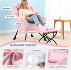 Lazy Chair with Ottoman, Modern Accent Chair with Lumbar Pillow, Pink Sofa, Lounge Chairs with Folding Footrest, Oversized Supportive Chairs for Bedroom, Reading