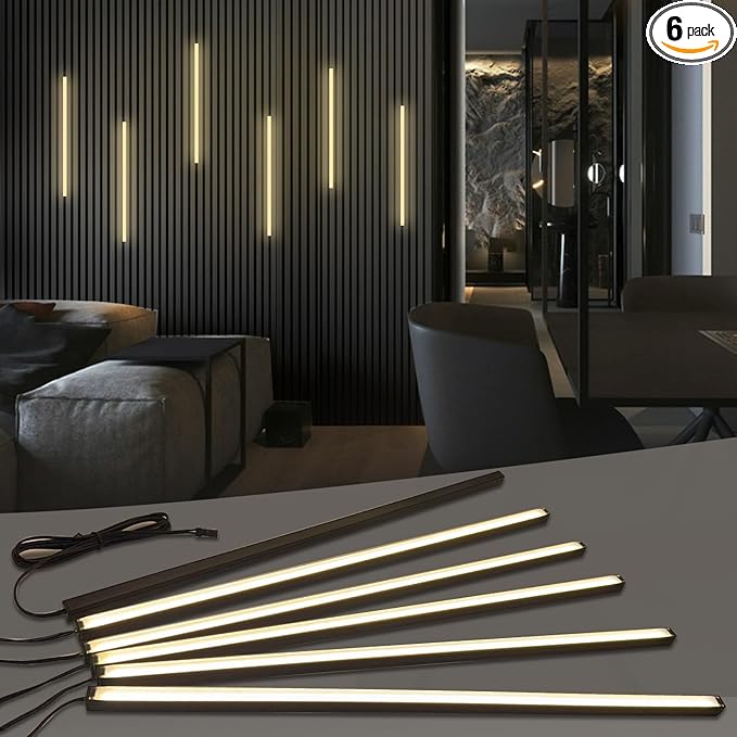 HAMRVL Black LED Recessed Lighting Kit - 6 PCS 16-Inch 3000k Dimmable Warm White LED Lights with Touch Switch, Wall Panel Light for Wood Slat Wall Panels, Headboards, Stairs, Under Cabinet, Home Decor