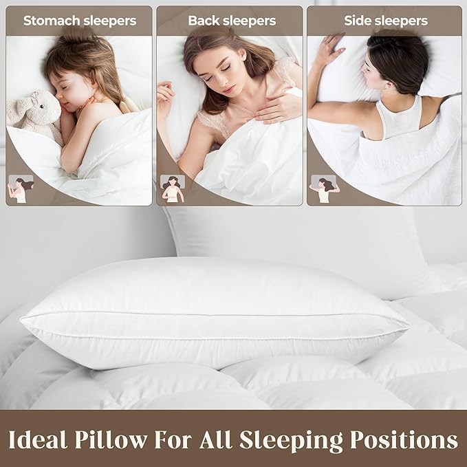 Bafode Goose Down Feather Pillows, Soft Bed Pillows Queen Size Set of 2, 100% Soft Cotton Shell,Gusseted Hotel Pillows for Back, Stomach or Side Sleepers