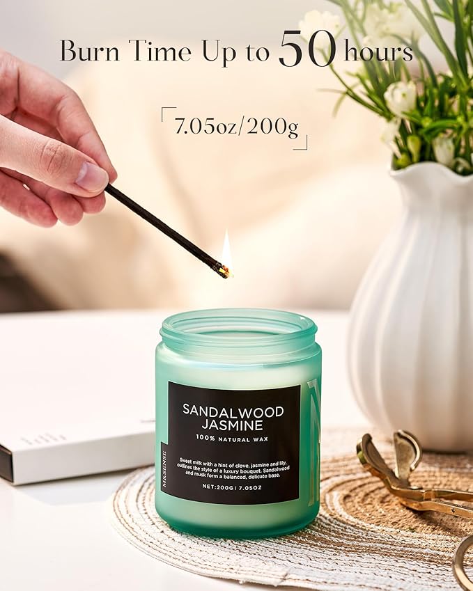 M&SENSE Sandalwood Jasmine Scented Candles, Natural Soy Wax Best Smelling Candle 7.05oz 50 Hour Burning Floral Non Toxic Single Cotton Wick Aromatherapy Gifts for Women Friend