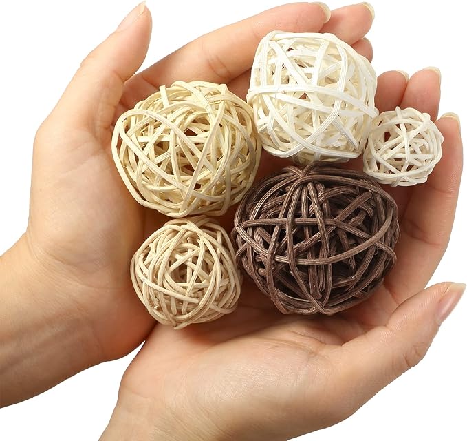 Patelai 72 Pcs Wicker Rattan Balls Decorative Balls for Vase Centerpiece Bowls Orbs Filler for Spring Summer Craft Home Decor, 4 Sizes(White, Wood, Camel, Coffee)