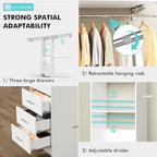 Walk in Closet Organizer System with 3 Extendable Hanging Rods, Built-in Garment Rack with 6 Shelves, Wall Mounted Clothes Organizers Storage Systems for Bedroom
