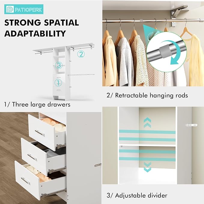 Walk in Closet Organizer System with 3 Extendable Hanging Rods, Built-in Garment Rack with 6 Shelves, Wall Mounted Clothes Organizers Storage Systems for Bedroom