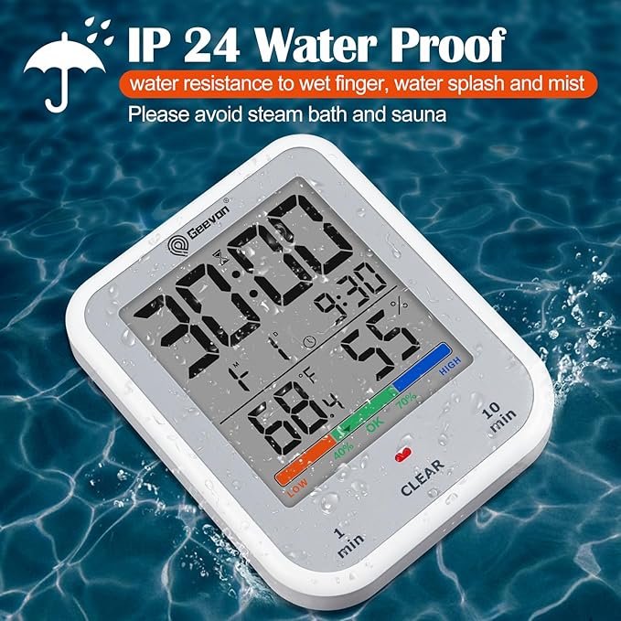 Geevon Digital Bathroom Clock, Waterproof Shower Timer with Large Touch Screen, Battery Operated Bathroom Wall Clock with Temperature & Humidity Display - Suction Cup/Hanging Hole/Stand (Silver)