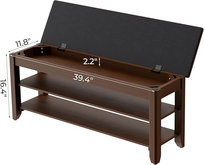 Shoe Rack Bench with Flip-Top Storage, Solid Wood Entryway Bench with Cushion, Adjustable Shelf, for Hallway, Mudroom, Closet – Walnut, 39.4"