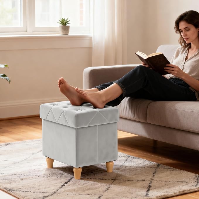 CAROLMADE Folding Storage Ottoman Cube Velvet Footstool with Wood Legs Ottoman Footrest for Living Room and Bedroom, Grey 15"x12.6"x15.4”