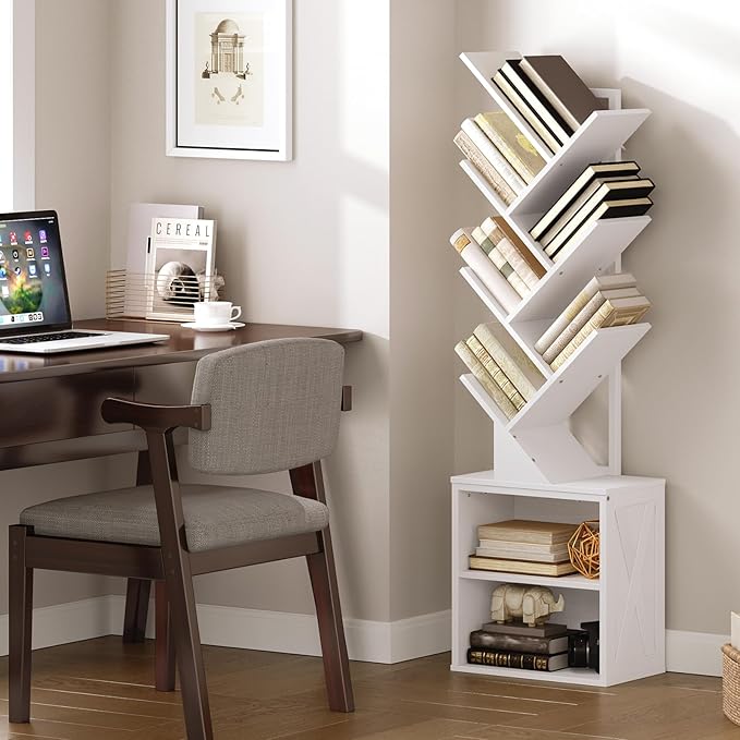 Tree Bookshelf, 6 Tier Bookcase with 2 Storage Racks, Free Standing Wooden Bookcase, Floor Standing Book Shelf Organizer for Living Room, Bedroom, Study, Home Office, White