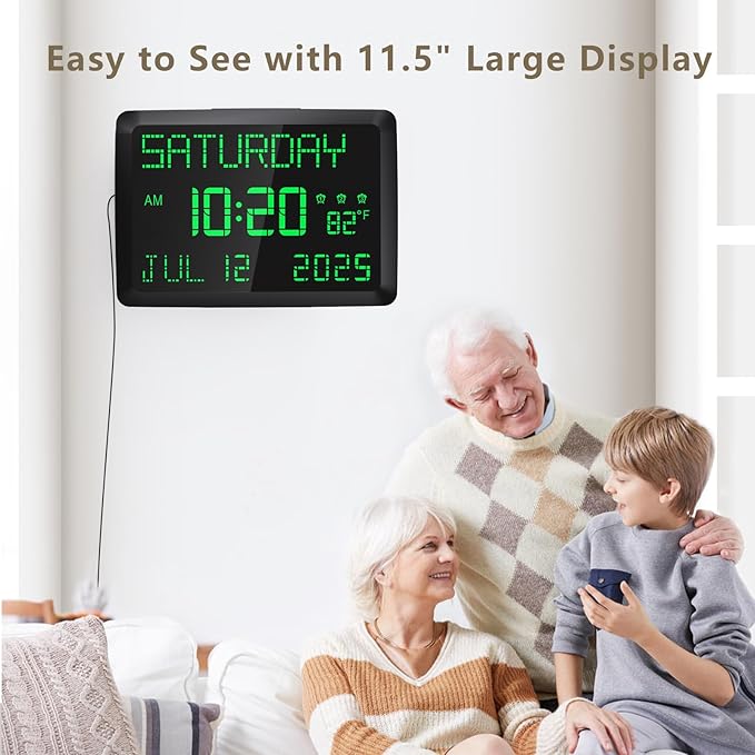 Raynic Day Clock, 11.5" Large Display Calendar Clock with Day and Date, Indoor Temperature, Adjustable Brightness, Snooze,12/24H, DST for Home, Office, Elderly