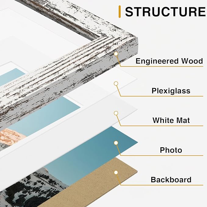 Vittanly 15 Pack Picture Frames Collage Wall Decor for Mounting or Tabletop Display, Gallery Frame Set for Family, Multi Sizes Including 3pcs 8x10, 6pcs 5x7, 6pcs 4x6, Distressed White