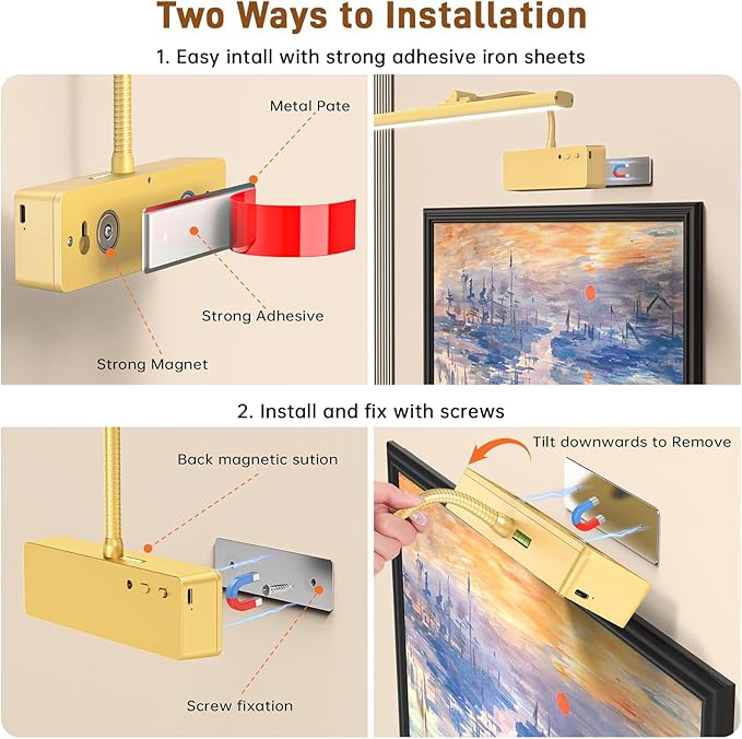 Picture Light, 15.35inch Wireless Picture Lights for Wall Rechargeable, 5400mAh Battery Wall Light with Remote, 3 Color Art Lighting for Paintings with Timer and Dimmable Artwork Display (Gold-2PCS)