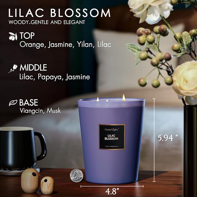 HomeLights Highly Scented Soy Candles Big 33.3 oz for Home. 3 Cotton Wicks, Smokeless Long Lasting 130 hrs in Lilac Blossom. 5x6, Great Gift for Women & Men